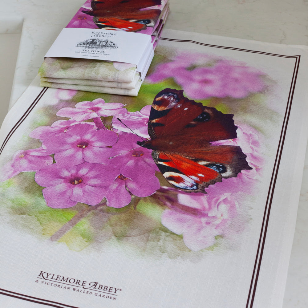 Kylemore Abbey Pink Flowers & Butterflies Tea Towel