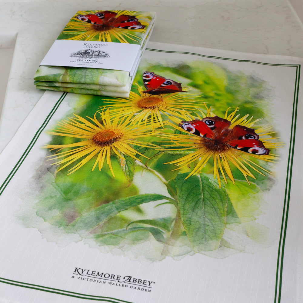 Kylemore Abbey Yellow Flowers & Butterflies Tea Towel